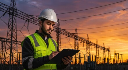 Skilled electrical engineer inspects power grid infrastructure during a vibrant sunset with overhead power lines