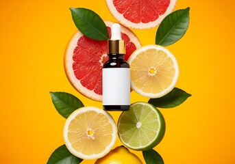 A bottle of vitamin c serum surrounded by fresh citrus fruits like grapefruit, lemon, and lime, highlighting natural skincare ingredients