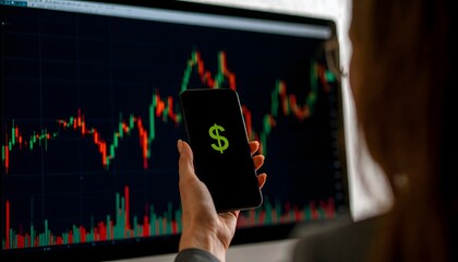 A businesswoman monitors stock market trends on her computer, holding a smartphone with a dollar symbol, symbolizing digital finance and investment.