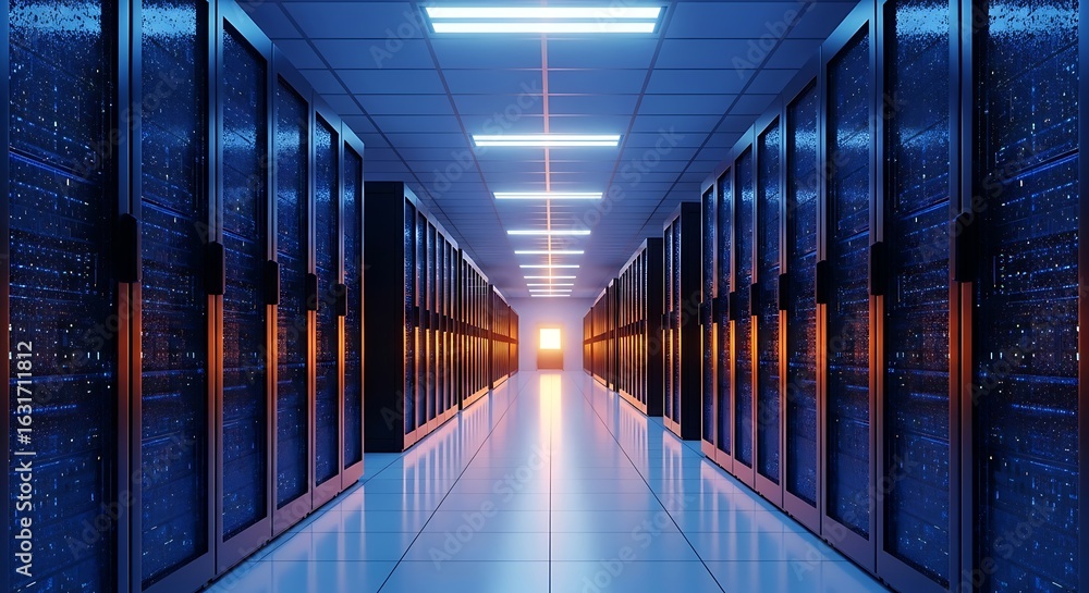 Aufkleber server room data center with network and computer technology infrastructure