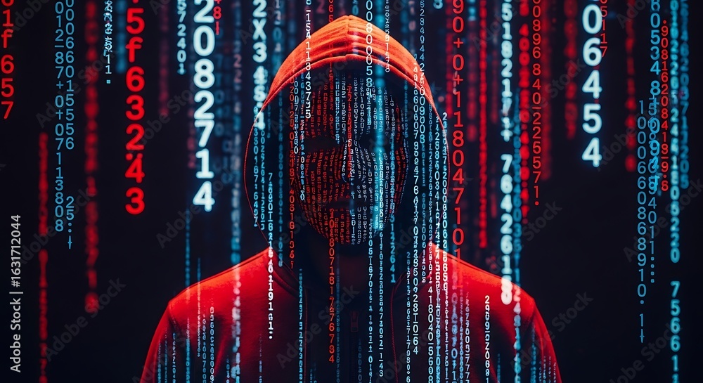 Poster a hooded hacker is surrounded by digital code in a cybersecurity concept