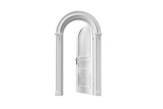 A white arched doorway with fluted columns slightly ajar on a Transparent Background