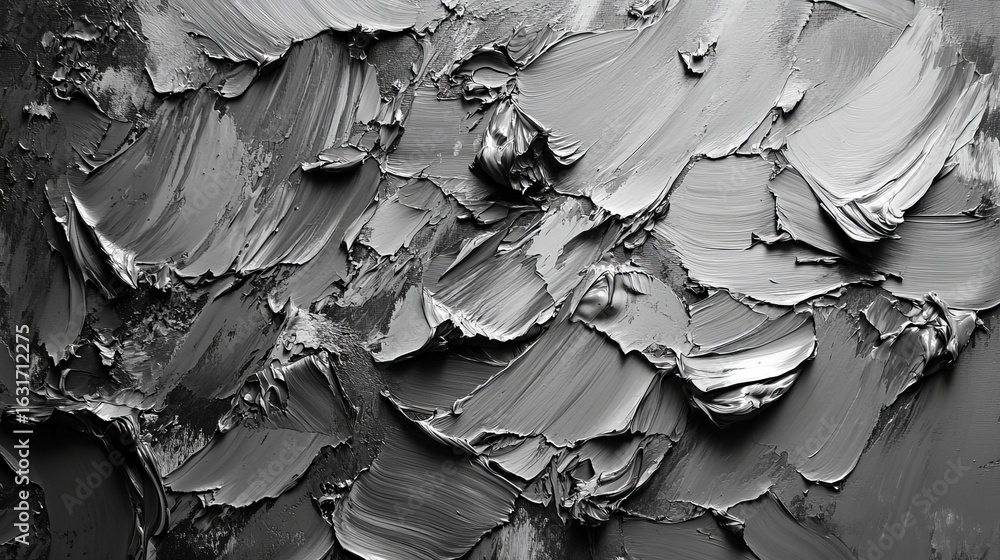 Poster close up of thick textured gray paint strokes creating an abstract monochrome pattern surface design