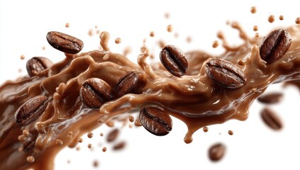 Coffee beans scattering amidst creamy liquid splash on a pure white background