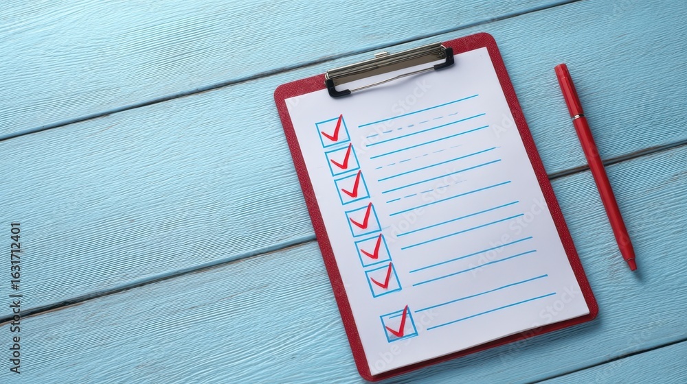 Aufkleber the checklist on a clipboard with check marks and a red pen.