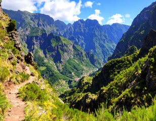 Fototapeta premium Lush mountain valley with hiking trail