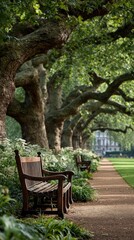 Obraz premium Park path lined with trees & benches