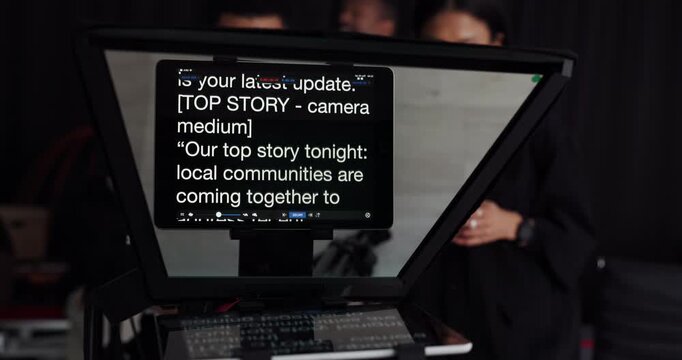 Teleprompter, screen and script lines for broadcast, breaking news and public announcement. Equipment, autocue and reading in newsroom with reporting headlines, deliver information and media coverage