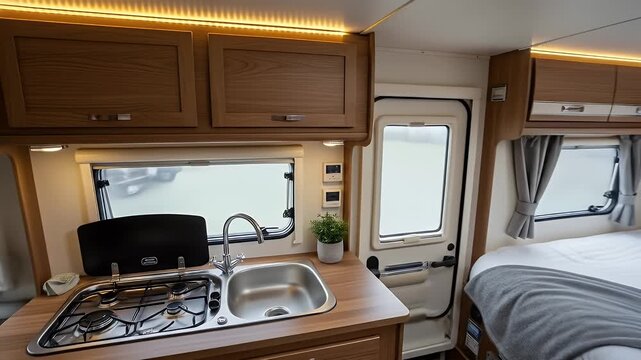 Cozy Caravan Interior: Kitchen and Bedroom in Compact Motorhome
