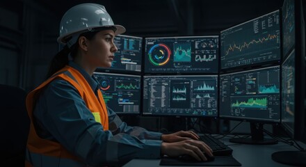 Focused engineer in hard hat and safety vest analyzes complex data on multiple glowing computer monitors in a dark control room