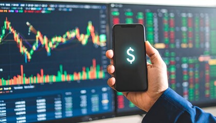 Businessman using a smartphone with a dollar sign for online stock market trading and financial analysis on a digital chart background.