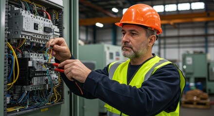 Skilled electrician in orange hard hat and high visibility vest carefully working on electrical panel