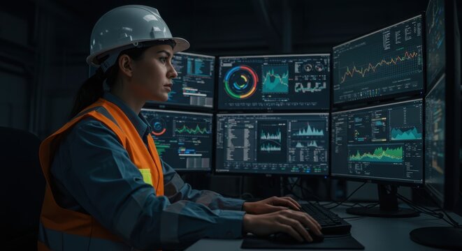 Focused engineer in hard hat and safety vest analyzes complex data on multiple glowing computer monitors in a dark control room