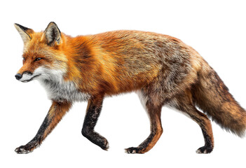 Fototapeta premium A side view of a red fox with a bushy tail walking on a Transparent Background