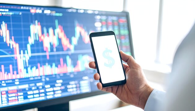 Trader managing finances on a smartphone with a dollar sign icon, analyzing stock market charts on a computer monitor.