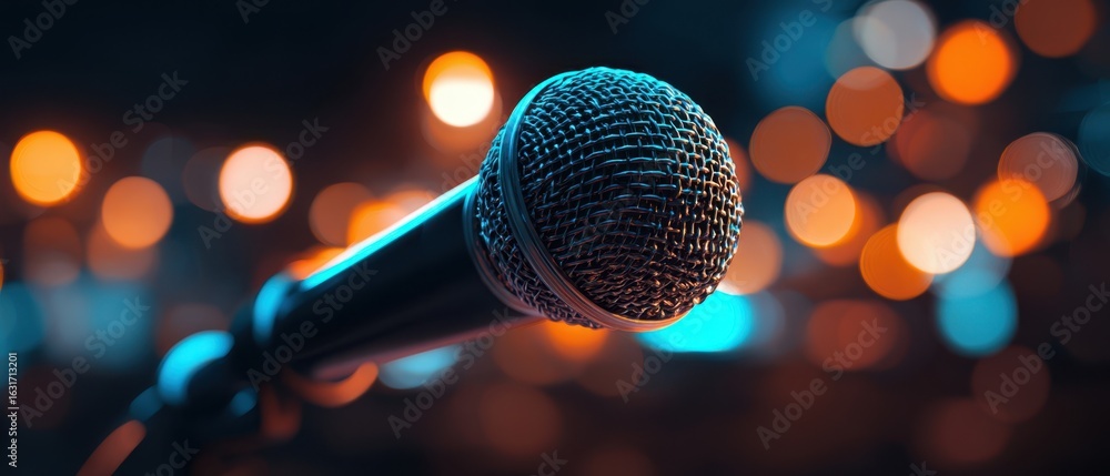 Poster the microphone standing tall against a colorful bokeh backdrop during a performance.