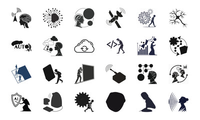AI Technology and Innovation Icon Set – Artificial Intelligence, Neural Network, Automation, Machine Learning, Cybersecurity, and Communication Vector Bundle