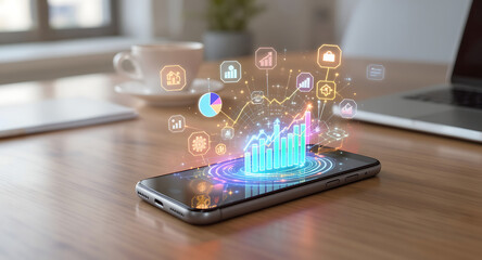 Smartphone with floating glowing pie charts and data for business analytics