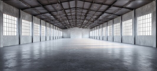 The expansive warehouse interior with large windows and sleek concrete flooring