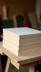 Neat stack of white plywood on sawdust-covered workbench, plywood, overhead, white