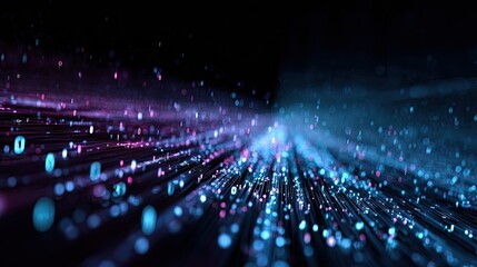 Abstract digital data stream.  Dynamic flow of numbers.  Vibrant colors.  Abstract background.  Deep black backdrop.  Glowing particles.  Radiating lines