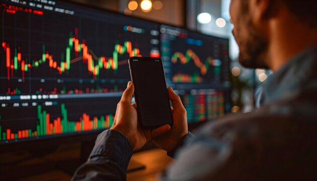 Financial analyst or stock trader monitoring real-time market data on computer screens and smartphone for investment strategy