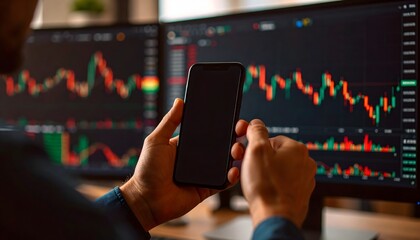 Investor checking cryptocurrency or forex charts on a mobile phone with a dual monitor setup for financial analysis