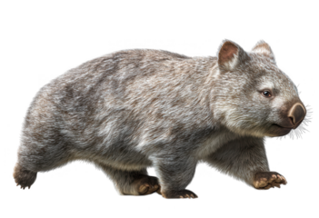 A wombat with gray fur standing on its four legs against a Transparent Background