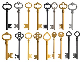 Collection of ornate, antique-style keys in gold, silver, and black
