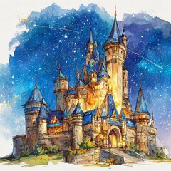 Fototapeta premium Enchanting castle landscape watercolor art illustration at twilight magical environment dreamy viewpoint