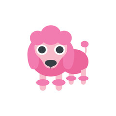 Illustration of a pink poodle with fluffy fur standing on a white background looking forward