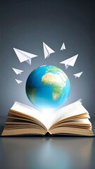 Globe levitating from open book, surrounded by paper airplanes