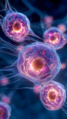 Glowing cell structures with intricate filaments, reminiscent of biological research and technological innovation. 