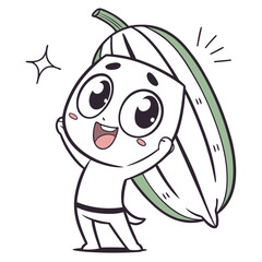 Adorable cartoon character with a bitter melon hat, expressing joy and excitement isolated on white background