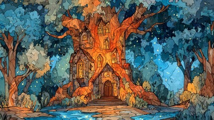 Naklejka premium Enchanting watercolor landscape of a castle palace inside a giant tree night view art illustration
