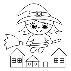 Cartoon witch flying on a broomstick over houses outline vector illustration