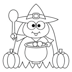 Cartoon witch with cauldron and pumpkins outline boiling potion