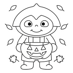 Cute cartoon child in a costume holding a jack o lantern surrounded by falling autumn leaves black and white