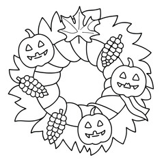 Halloween Wreath With Pumpkins Leaves And Pine Cones circular jack o lantern