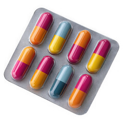A blister pack containing seven colorful gelatin capsules isolated on transparent background