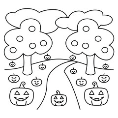 Outline illustration of a winding path through a landscape with two trees, clouds, and smiling jack-o'-lanterns