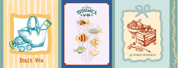 Gastronomic tour,Summer atmosphere.La Dolce Vita is an abstract composition in a modern style on the theme of travel,culinary mood with text. Bright vector digital illustration for branding, printing