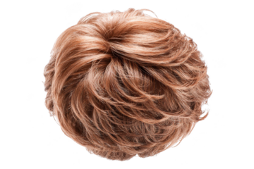A top down view of a short layered blonde wig with a Transparent Background