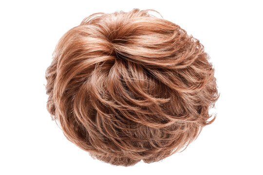 A top down view of a short layered blonde wig with a Transparent Background