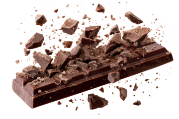 A chocolate bar with pieces broken off and floating against a Transparent Background