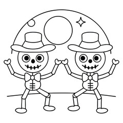 Two cartoon skeletons in hats dancing under a large moon and star halloween drawing