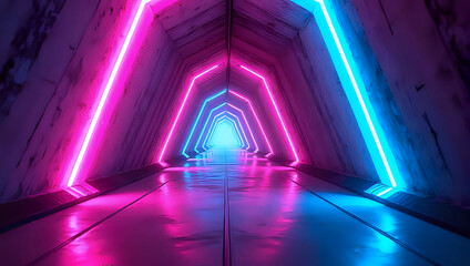 Abstract futuristic geometric polygon 3d shape space background, fluorescent LED light line streak, colorful laser neon lines, blue pink spectrum, geometric triangle shape tunnel with vibrant color