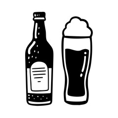 Beer black doodle icons set. Vector bottle and pint of beer.