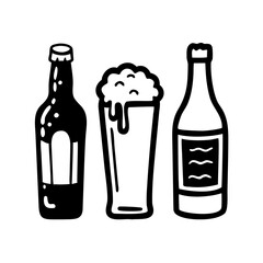 Beer black doodle icons set. Vector bottle and pint of beer.
