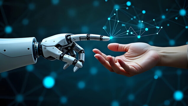 Human use artificial intelligent robot help improve work process big data analysis problem solving business planning - future technology, partnership between humanity and ai concept - Powered by Adobe